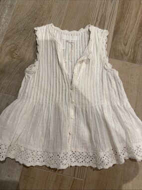 Zara White Sleeveless Button-Front Eyelet Peplum Top